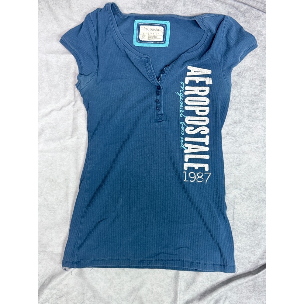 Aeropostale Womens XL Blue Ribbed Henley Short Sleeve Graphic Logo T-Shirt 1987
